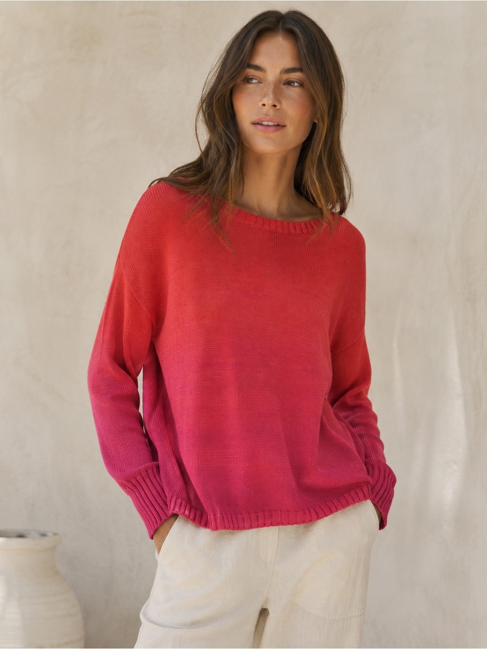 Peruvian Connection Women’s Ombre Orange Coral Pima Cotton Sweater Size XL